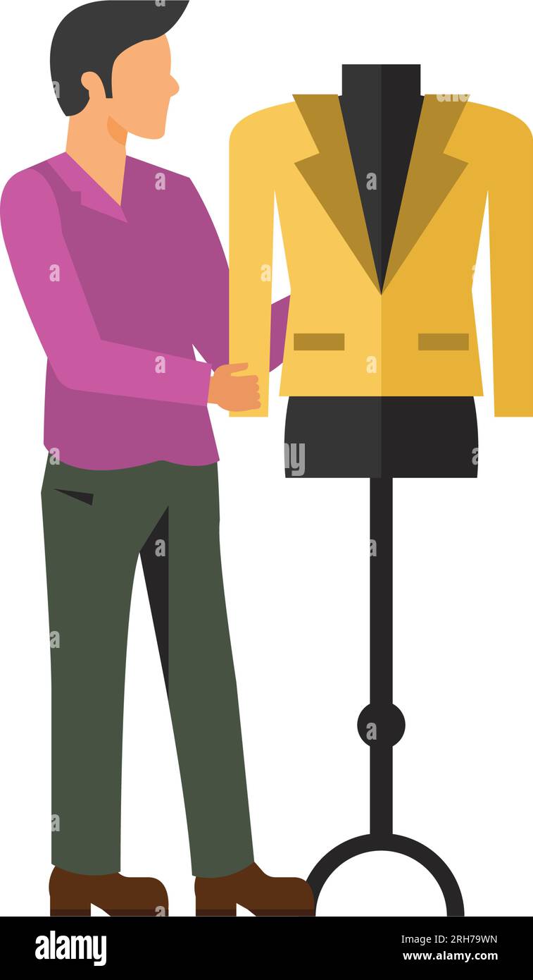 Male designer showing jacket icon Stock Vector