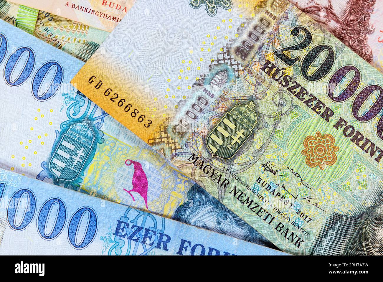 Hungarian forints, highlighting HUF cash varying denominations their visual appeal. Stock Photo