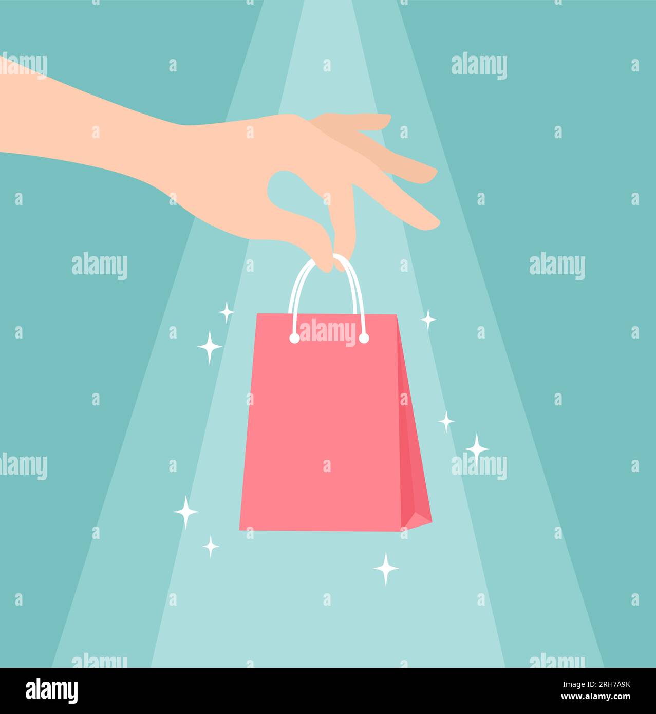 A hand holding a red sparkling package in its fingers. Vector illustration in flat style Stock Vector