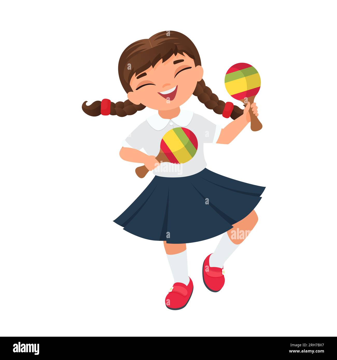 Little girl with mexican maracas. Traditional mexican music vector cartoon illustration Stock Vector