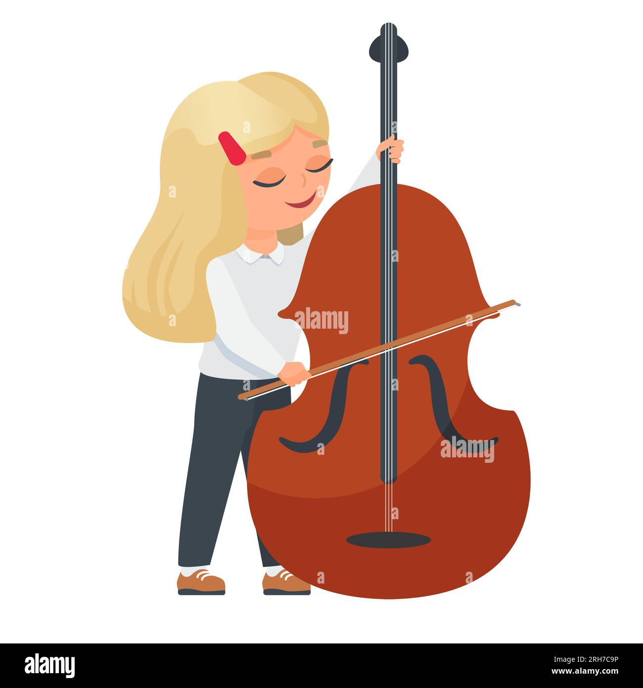 Little girl playing contrabass. Musical children performance, little artist vector cartoon illustration Stock Vector