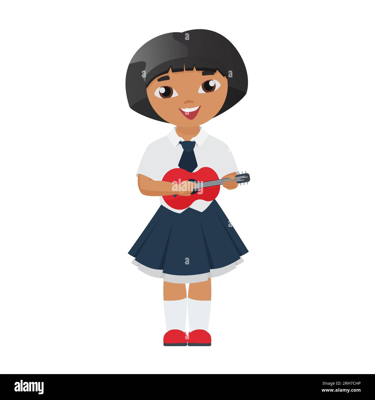 Little girl playing ukulele. Musical children performance vector cartoon illustration Stock Vector