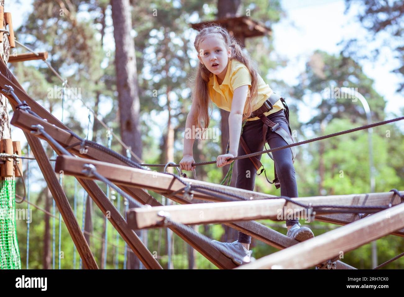 Child in a forest adventure park made of ropes. Children