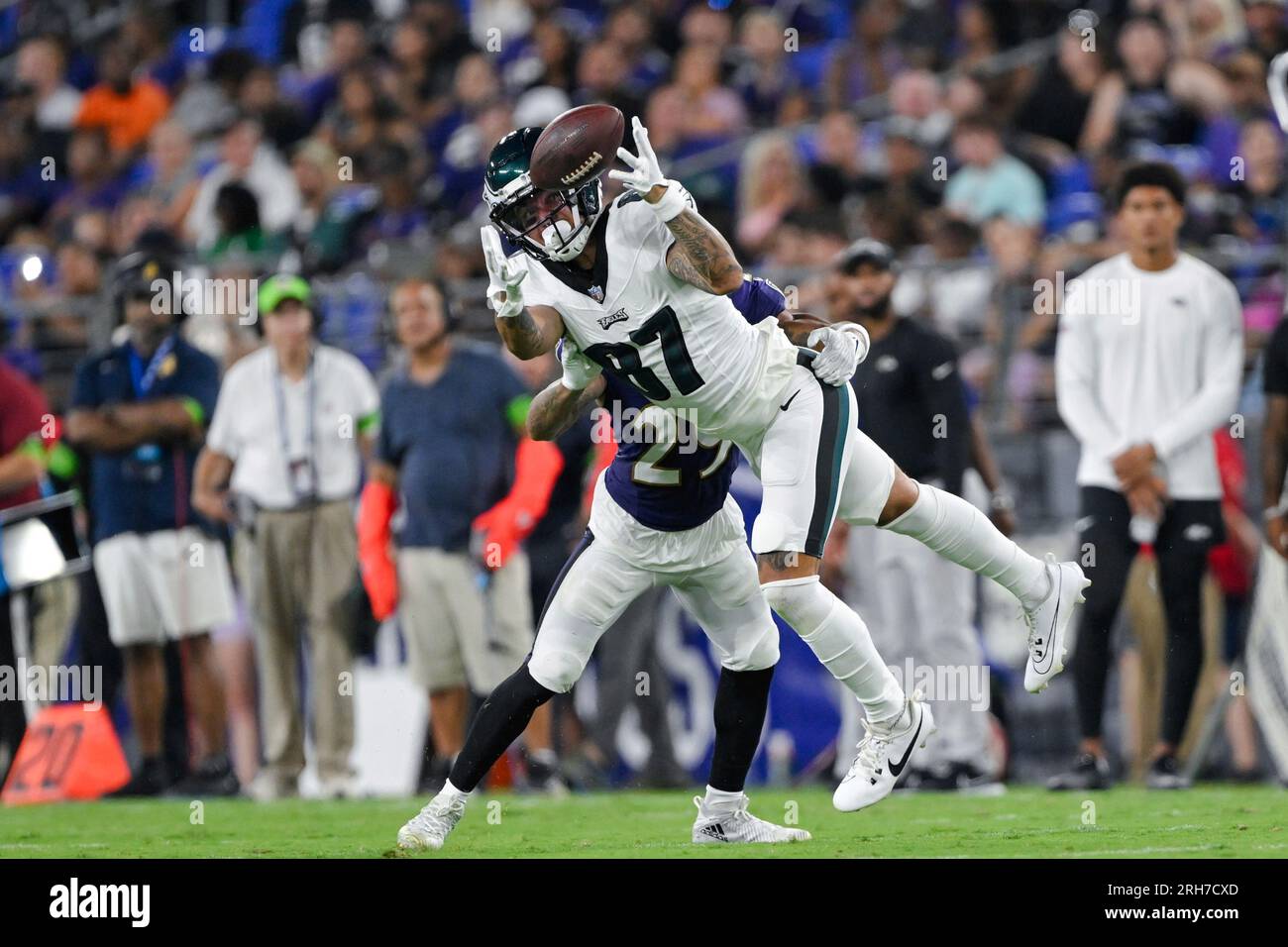 Philadelphia Eagles wide receiver Jadon Haselwood (87) in action during the  first half of an NFL preseason football game against the Baltimore Ravens,  Saturday, Aug. 12, 2022, in Baltimore. (AP Photo/Terrance Williams