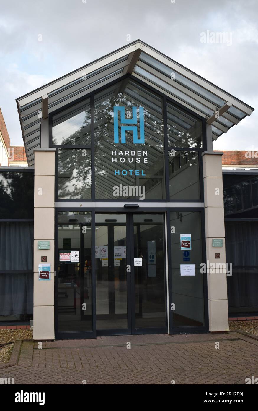 The entrance to Harben House Hotel in Newport Pagnell which was allocated as temporary accommodation for asylum seekers in the UK in August 2023. Stock Photo