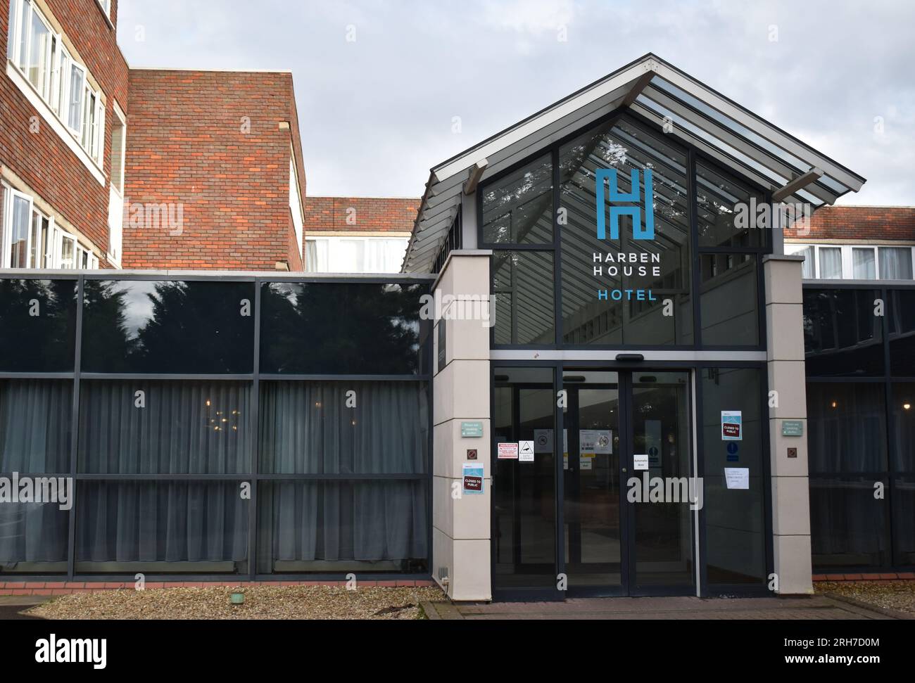 The entrance to Harben House Hotel in Newport Pagnell which was allocated as temporary accommodation for asylum seekers in the UK in August 2023. Stock Photo