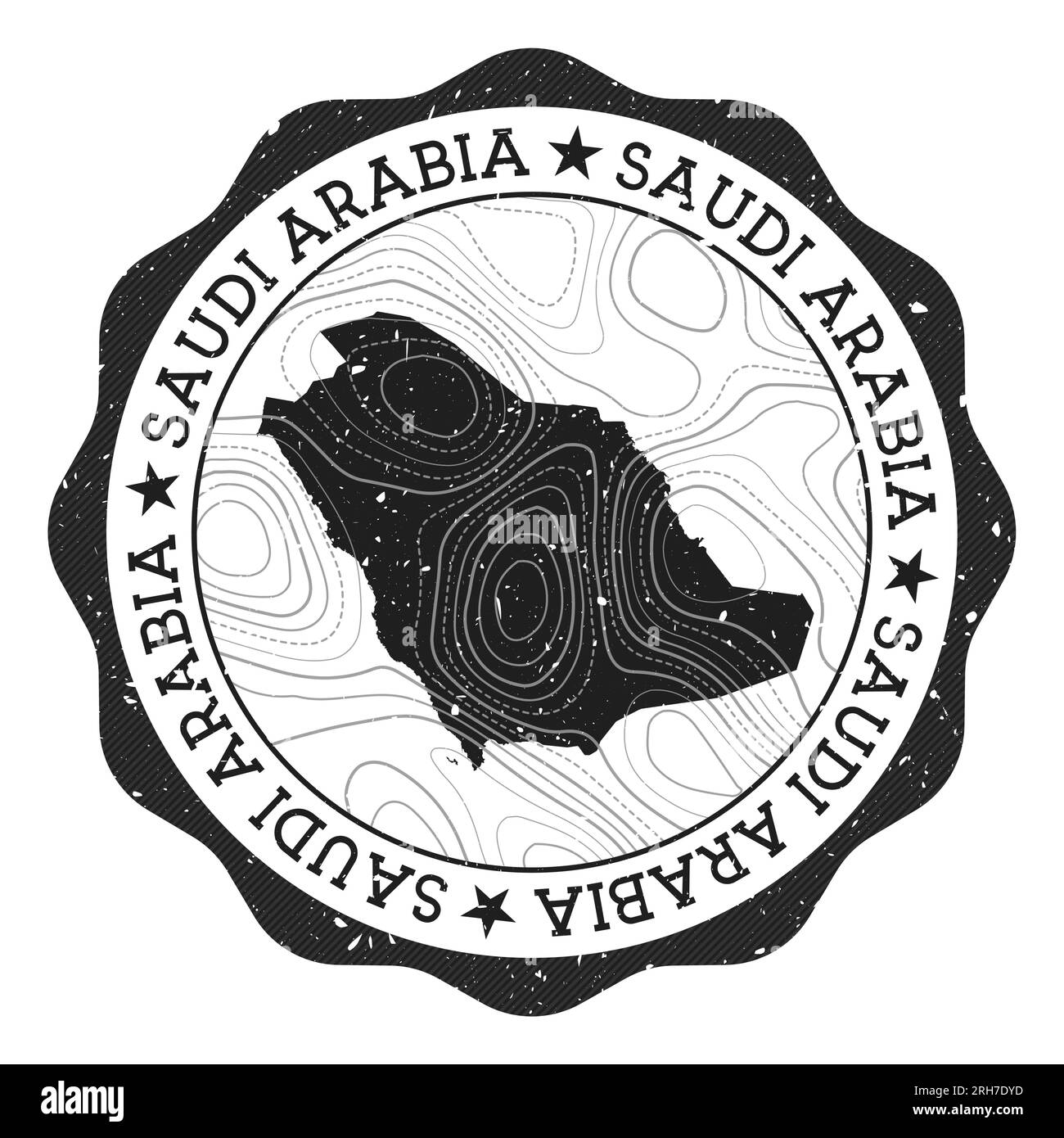 Saudi Arabia outdoor stamp. Round sticker with map of country with topographic isolines. Vector illustration. Can be used as insignia, logotype, label Stock Vector