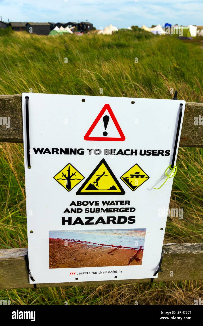 swimming hazards sign Walberswick Suffolk Stock Photo