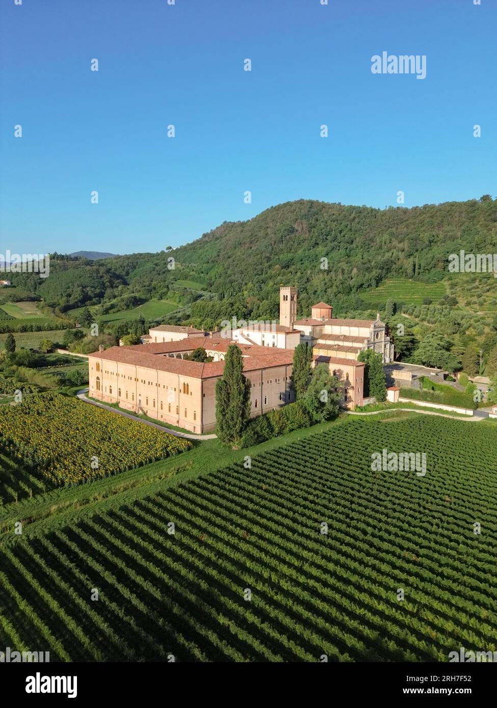 Aerial view of Benedictine monastery Abbazia di Praglia in Bresseo, Teolo by Padua in Italy as a Christianity, religion, and Catholicism concept Stock Photo