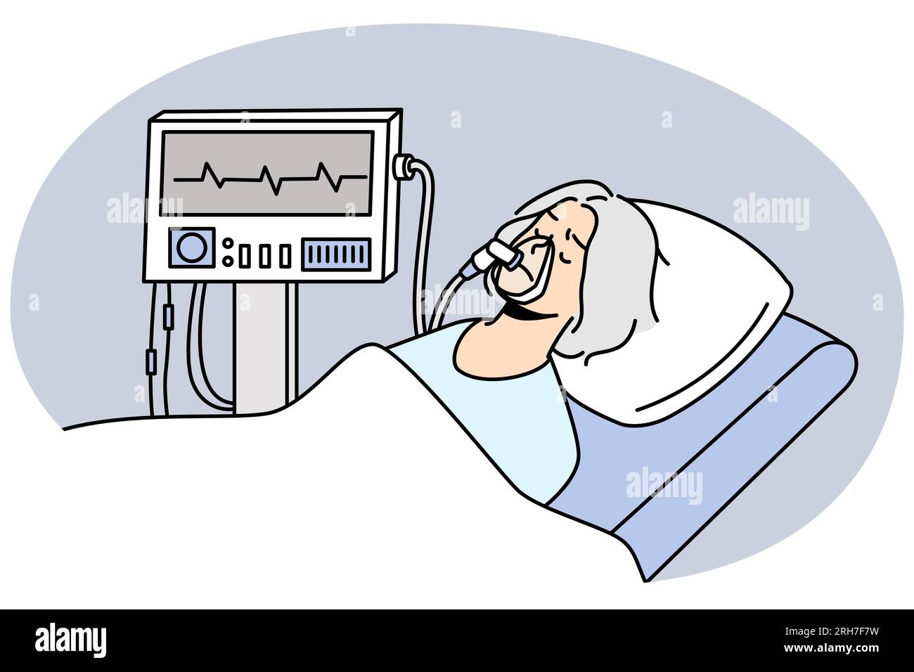 Old woman in mask lying under ventilator in hospital. Mature patient breathing with ventilating machine. ICU hospital intensive. Vector illustration. Stock Vector