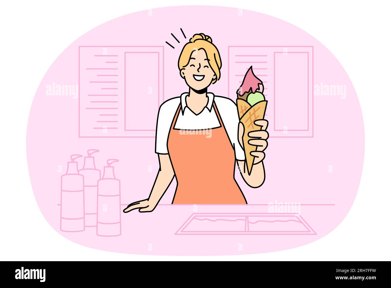 Smiling girl seller stretch hand with ice-cream from street vendor. Happy woman give frozen dessert. Commerce and small business. Vector illustration. Stock Vector