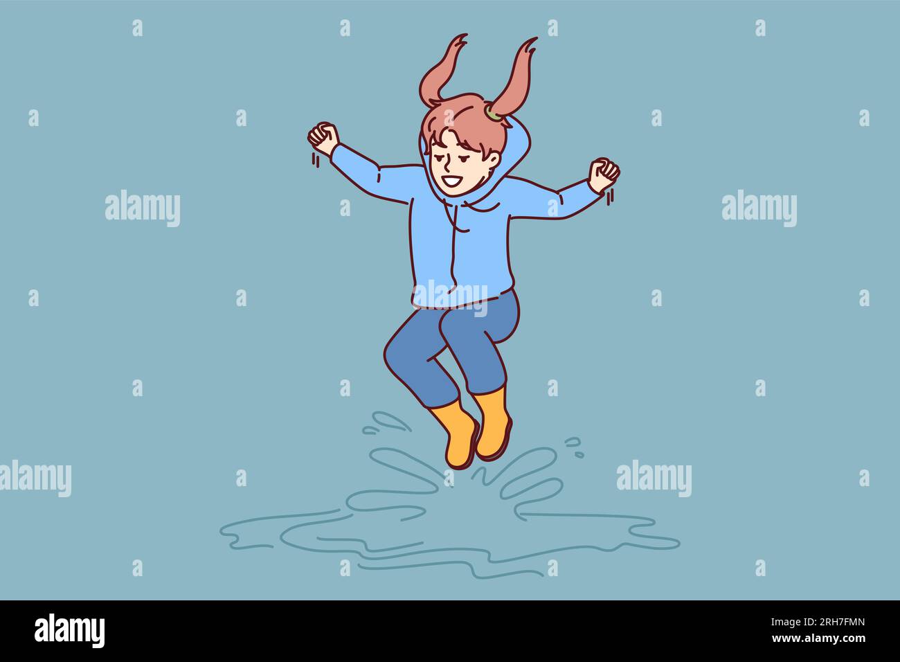 Little girl jumps in puddles in rubber boots and enjoys rainy autumn weather. Laughing child dressed in raincoat plays and bounces in puddles and has fun rejoicing in walk in fresh air Stock Vector