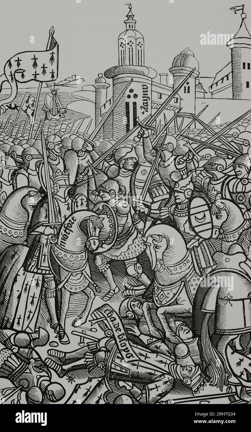 Battle of Auray (29 September 1364). War of the Breton Succession (1341-1364). Confrontation between two Breton factions. One of them was supported by France, led by Charles de Blois and Bernard du Gueslin. The other faction was supported by England, under John de Montfort and Sir John Chandos. The Anglo-Breton side won the victory. Facsimile after an illustration from the Chronicles of Brittany, 1514. 'Vie Militaire et Religieuse au Moyen Age et à l'Epoque de la Renaissance.' Paris, 1877. Stock Photo