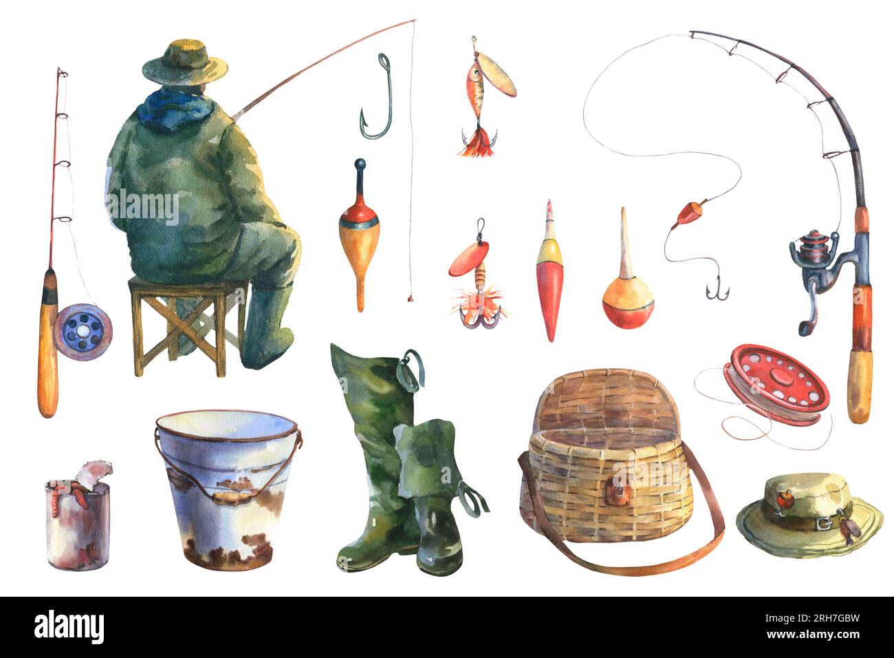 Watercolor illustration, big set of the fishing, wooden boat, fish carp, paddle, pike, fishing rod, perch and stones, bucket and other. For designers Stock Photo