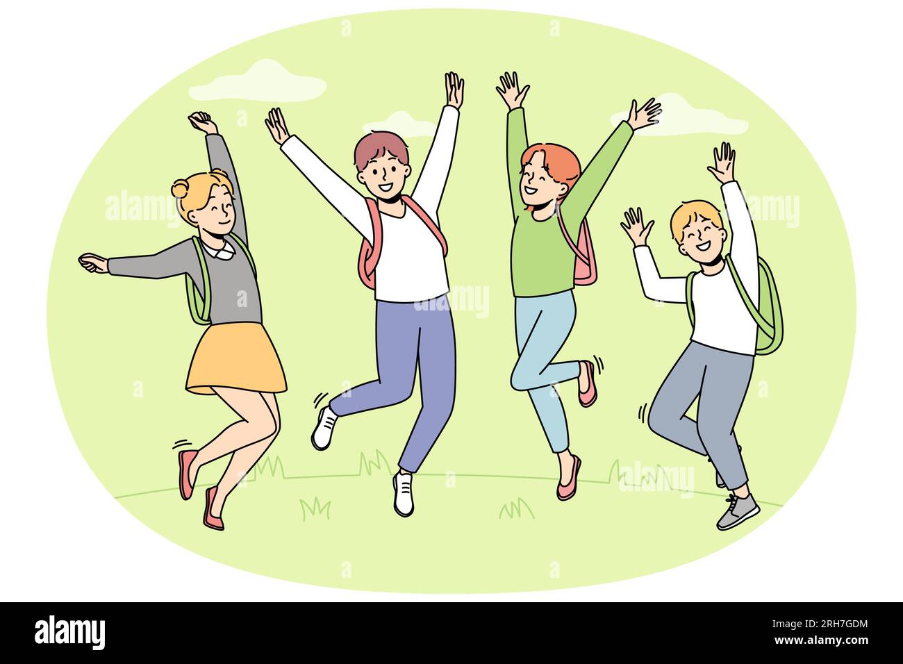 Happy children with backpacks jumping having fun outdoors. Smiling kids ...