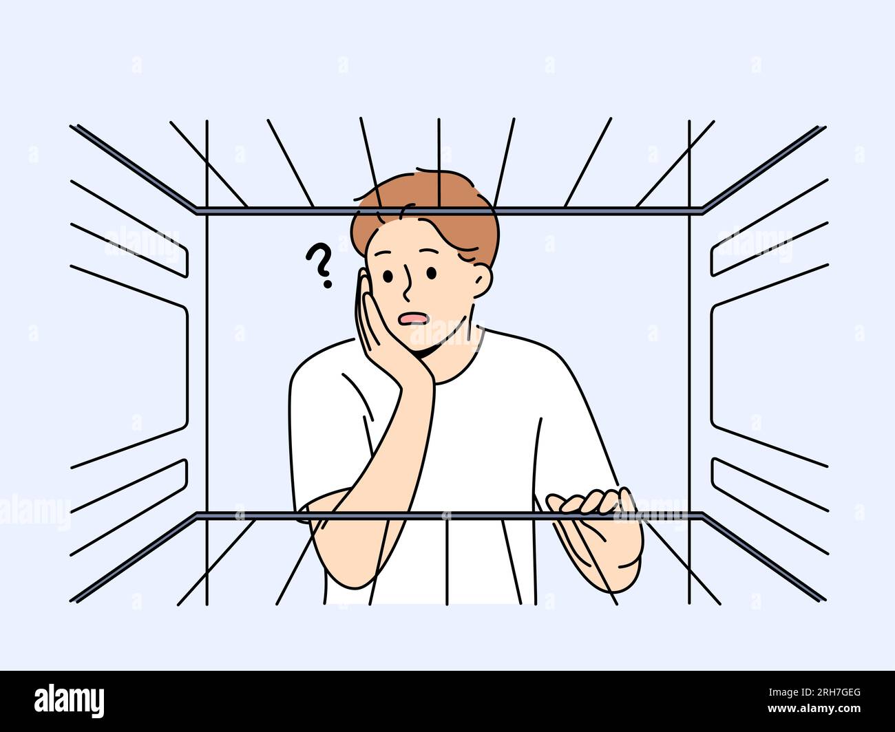 Hungry man sees empty refrigerator and is nervous about lack food due to poverty and financial crisis. Young embarrassed guy looks into refrigerator compartment surprised by lack products on shelves Stock Vector