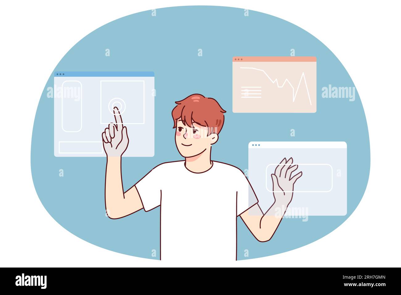 Man designer use touchpad access personal identification. Male using creative digital app interface. Web design and technology. Vector illustration. Stock Vector