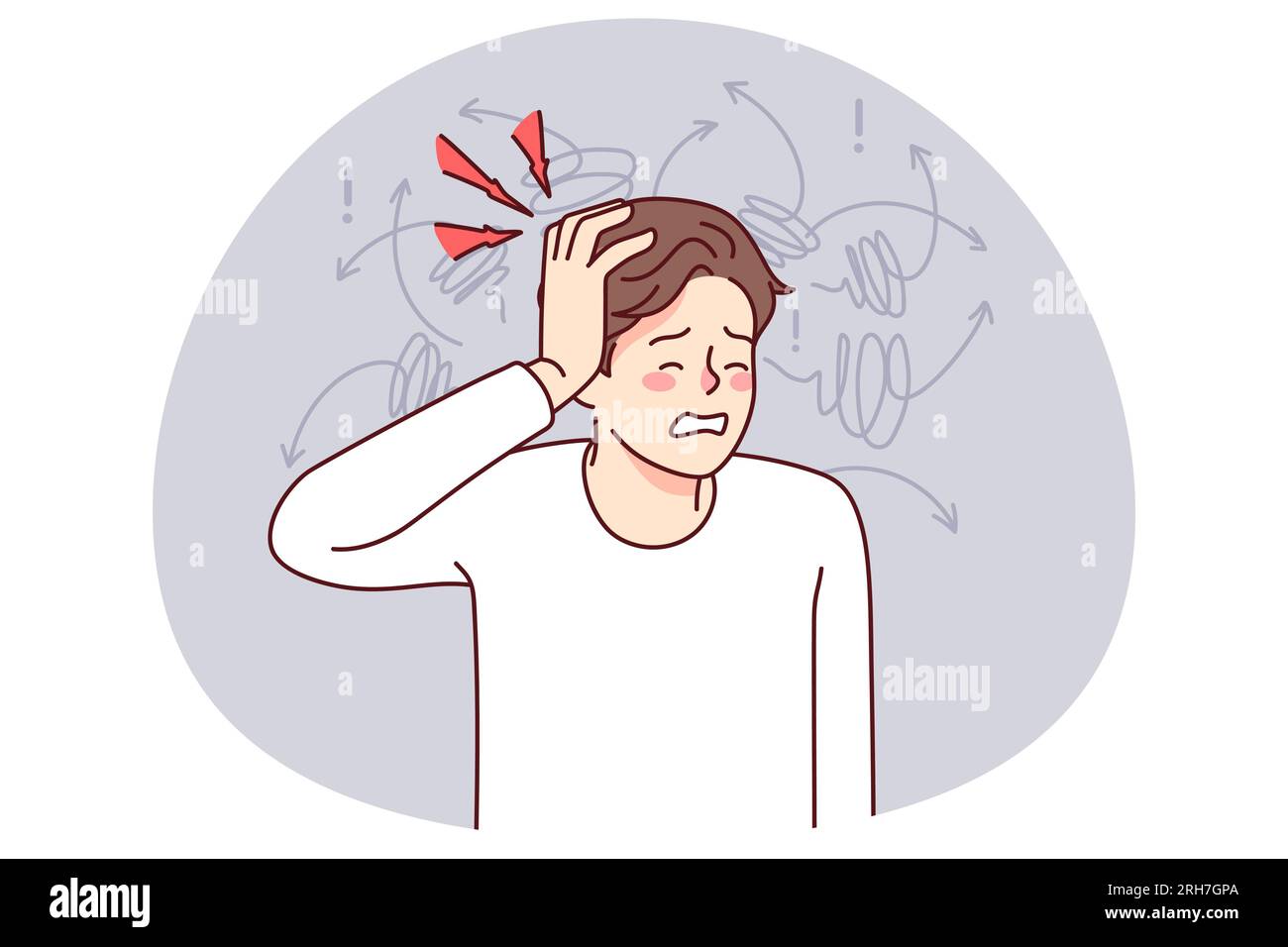 Unhealthy man suffer from headache or migraine. Unwell guy struggle