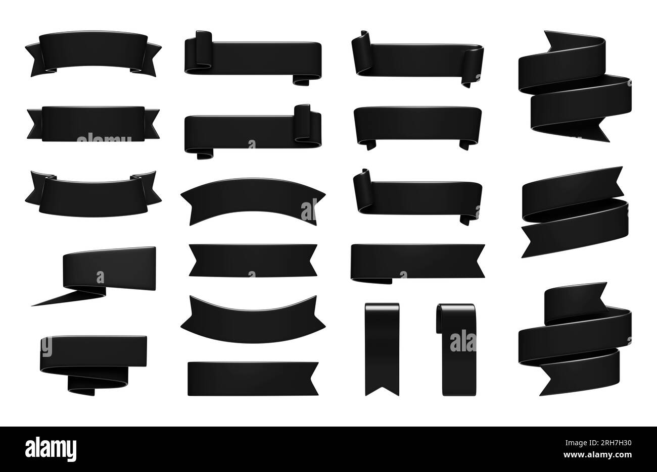 Black ribbon banner 3d render set. Text box in form of glossy curled ...
