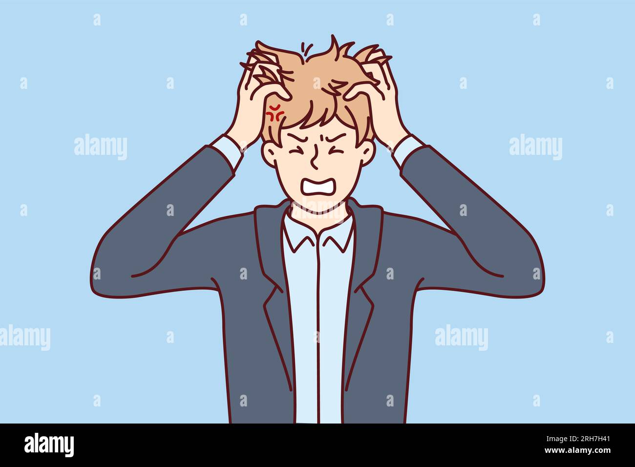 Nervous man tears hair out because of problems in personal life or trouble with work. Nervous guy in business suit bares teeth, feeling annoyed due to professional burnout and overtime Stock Vector