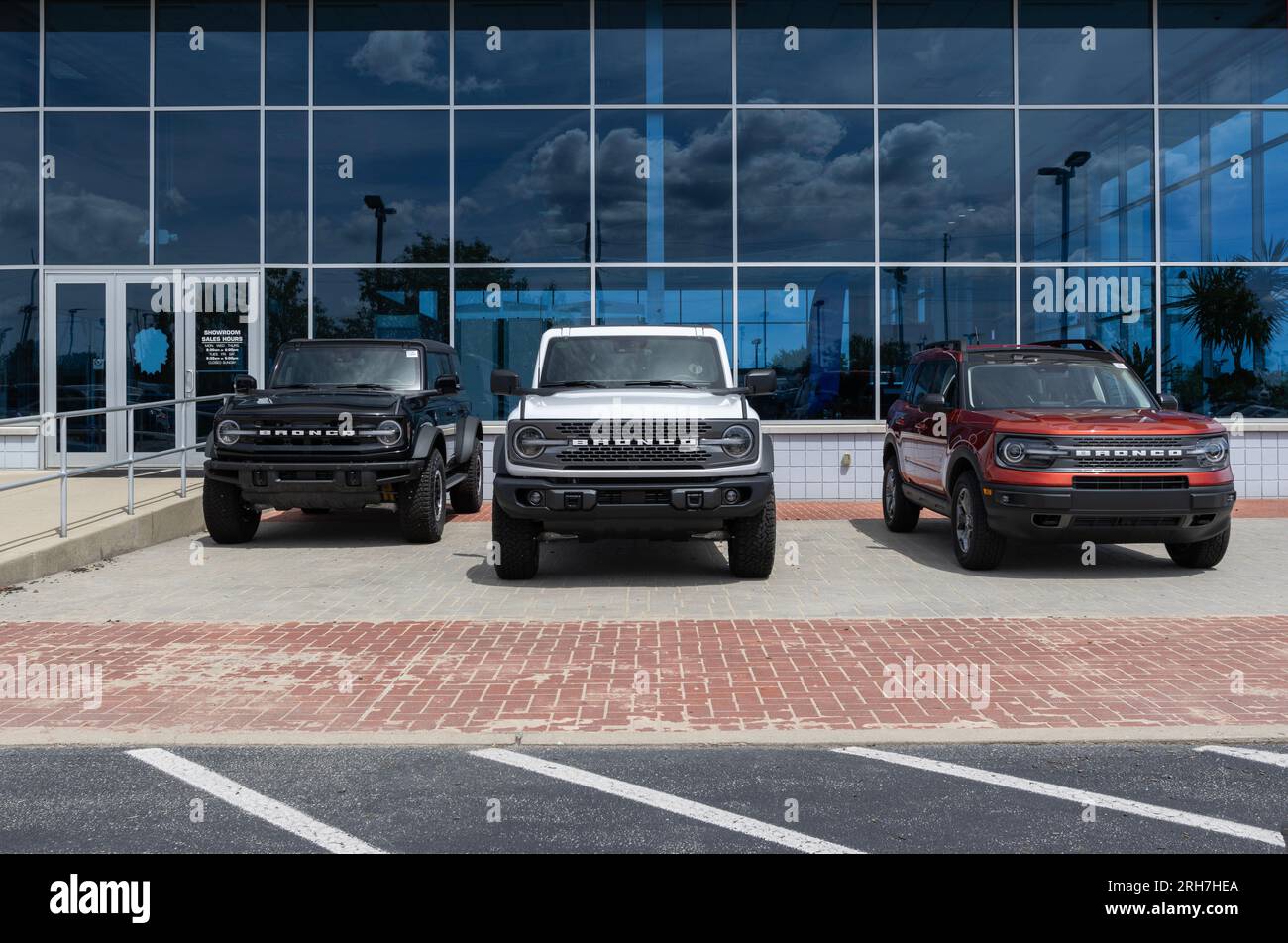 Fishers August 13, 2023 Ford Bronco display at a dealership. Ford