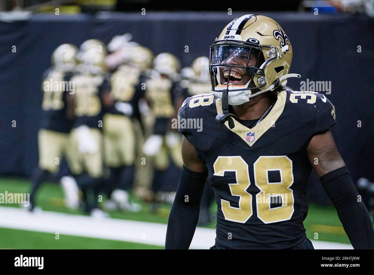 New Orleans, Louisiana, USA. 14th Aug, 2023. New Orleans Saints safety Smoke  Monday smiles after his team intercepted the ball from the Kansas City  Chiefs in an NFL preseason game in New