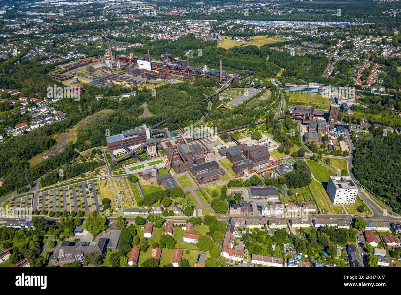 Aerial view, Zollverein Colliery, UNESCO World Heritage Site, architectural and industrial monument, SANAA building, winding tower, Ruhr Museum, Stopp Stock Photo