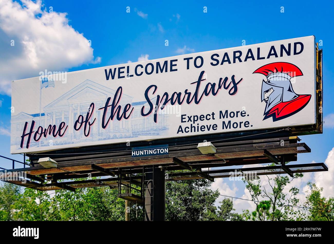The Saraland welcome sign features a spartan, the local school mascot, Aug. 12, 2023, in Saraland, Alabama. Stock Photo