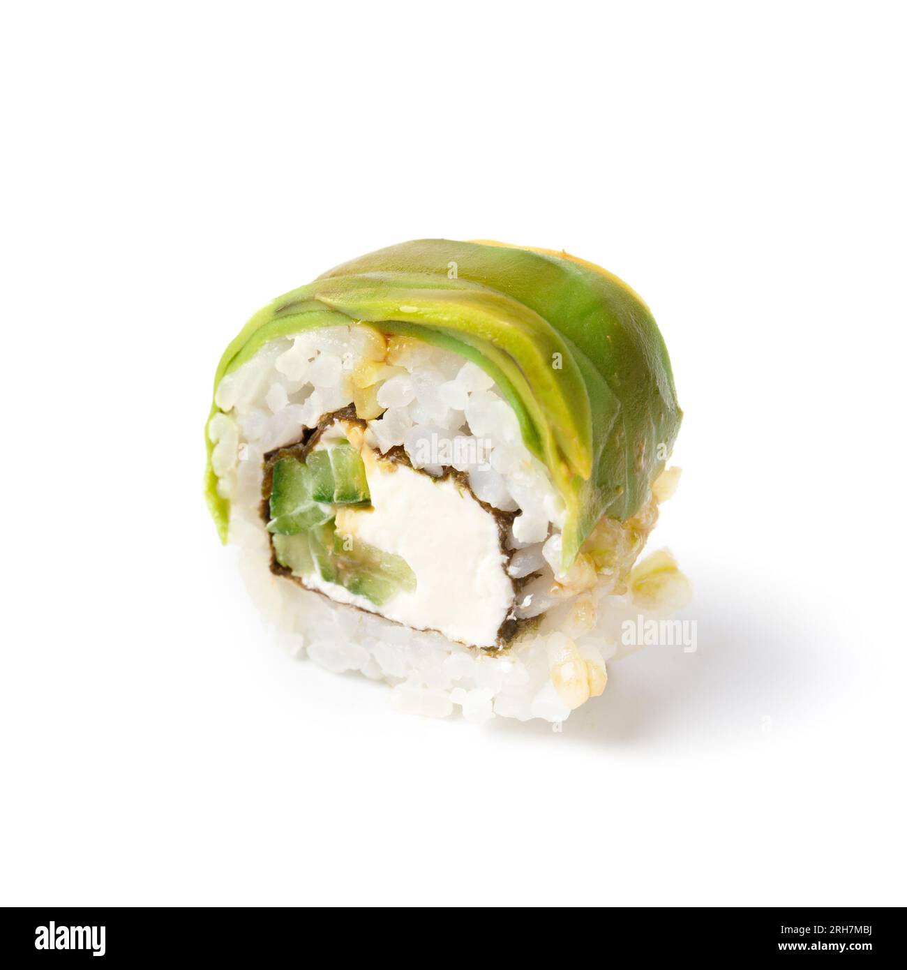 Sushi roll with cream cheese, cucumber and avocado closeup, isolated