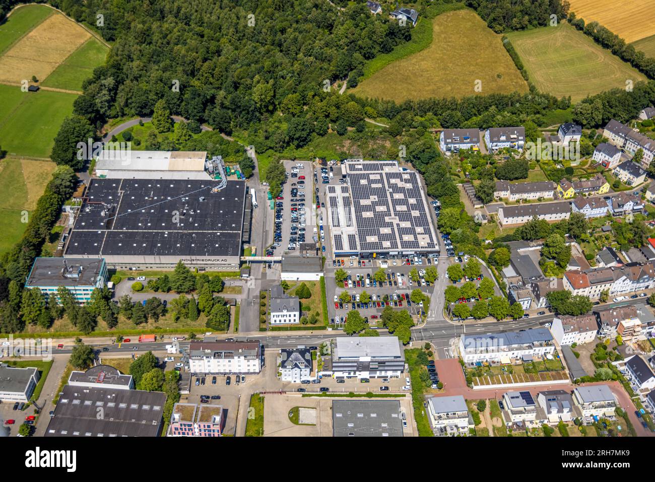 Aerial view, Verlag Beleke, Medienhaus Ruhr GmbH, Margreff Druck GmbH, BOB Automobile - Renault car dealership with solar panel, Werden, Essen, Ruhr a Stock Photo