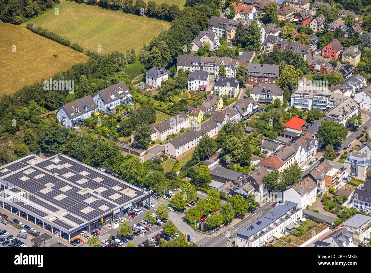 Aerial view, housing estate Eigene Tat, BOB Automobile - Renault car dealership with solar panel, Werden, Essen, Ruhr area, North Rhine-Westphalia, Ge Stock Photo