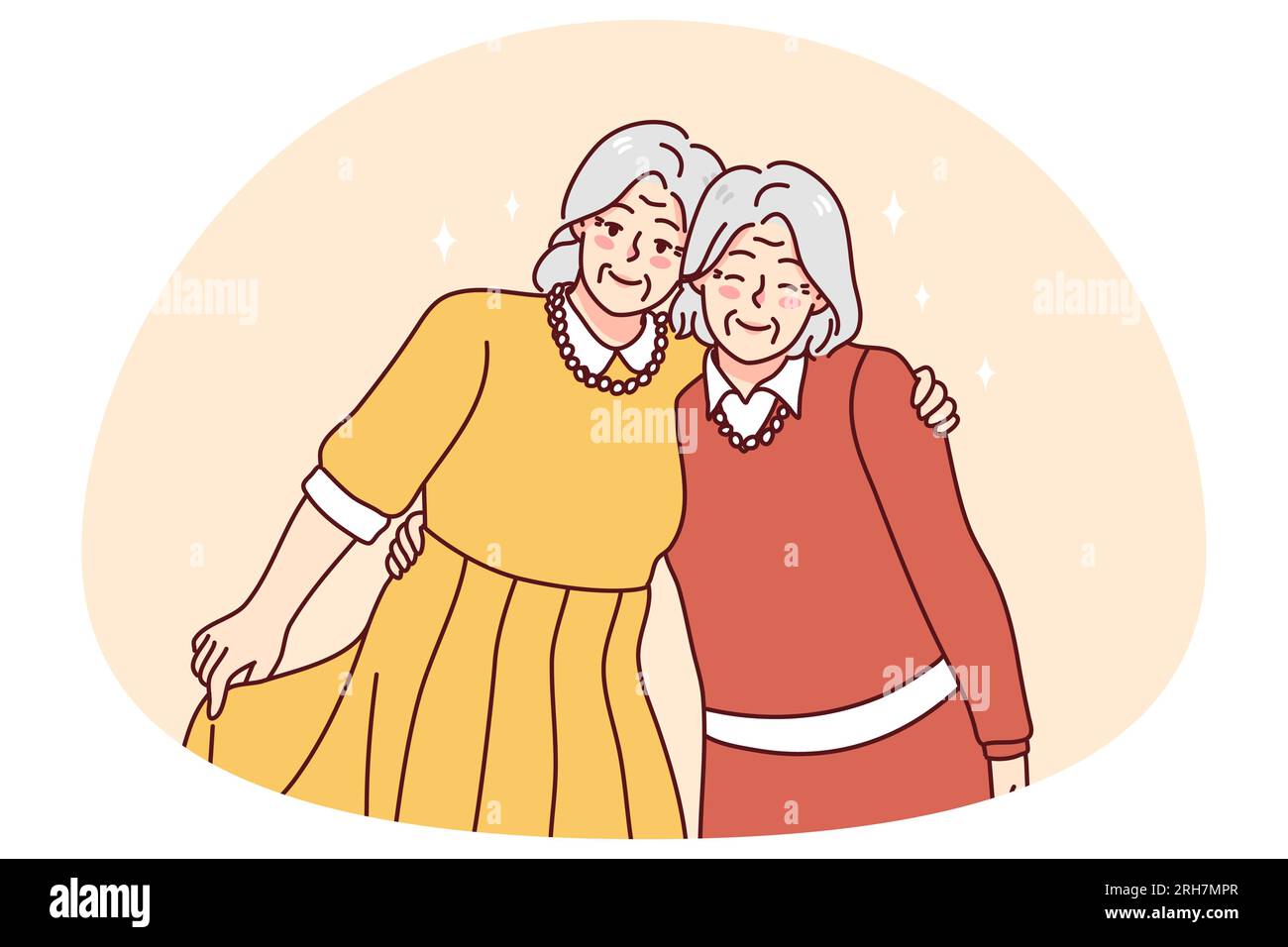 Happy mature grey-haired women hugging enjoying lifelong friendship. Smiling elderly grandmothers embrace show unity and love. Aging concept. Vector illustration. Stock Vector