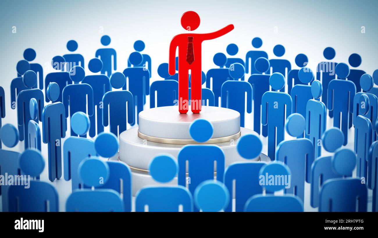 Public speaker red figure surrounded with blue figures giving a speech. Stock Photo