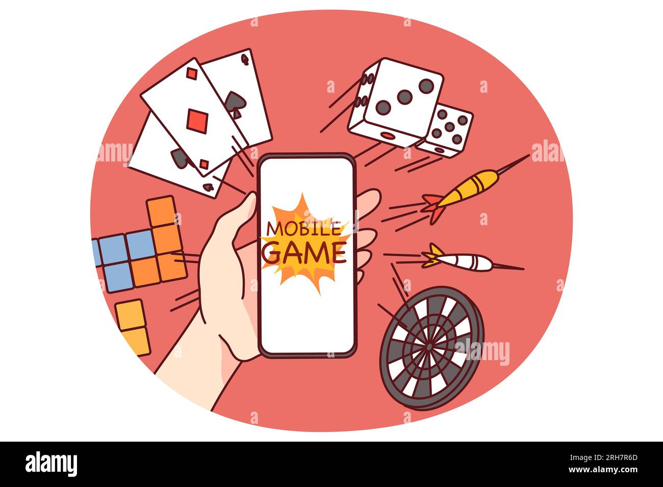 Hand holding smartphone with online gaming applications. Person addicted to internet games on cellphone. Gambling and addiction concept. Vector illustration. Stock Vector