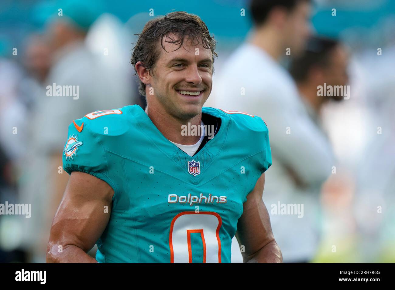 Miami Dolphins wide receiver Braxton Berrios looks on during warmups before  the start of a preseason NFL football game against the Atlanta Falcons,  Friday, Aug. 11, 2023, in Miami Gardens, Fla. (AP