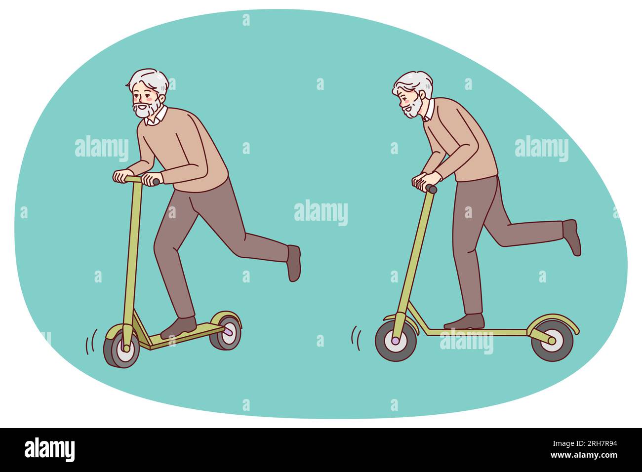 Overjoyed energetic elderly man have fun riding on scooter outdoors. Happy active mature grandfather feel joyful and positive enjoy outdoors activity. Vector illustration. Stock Vector