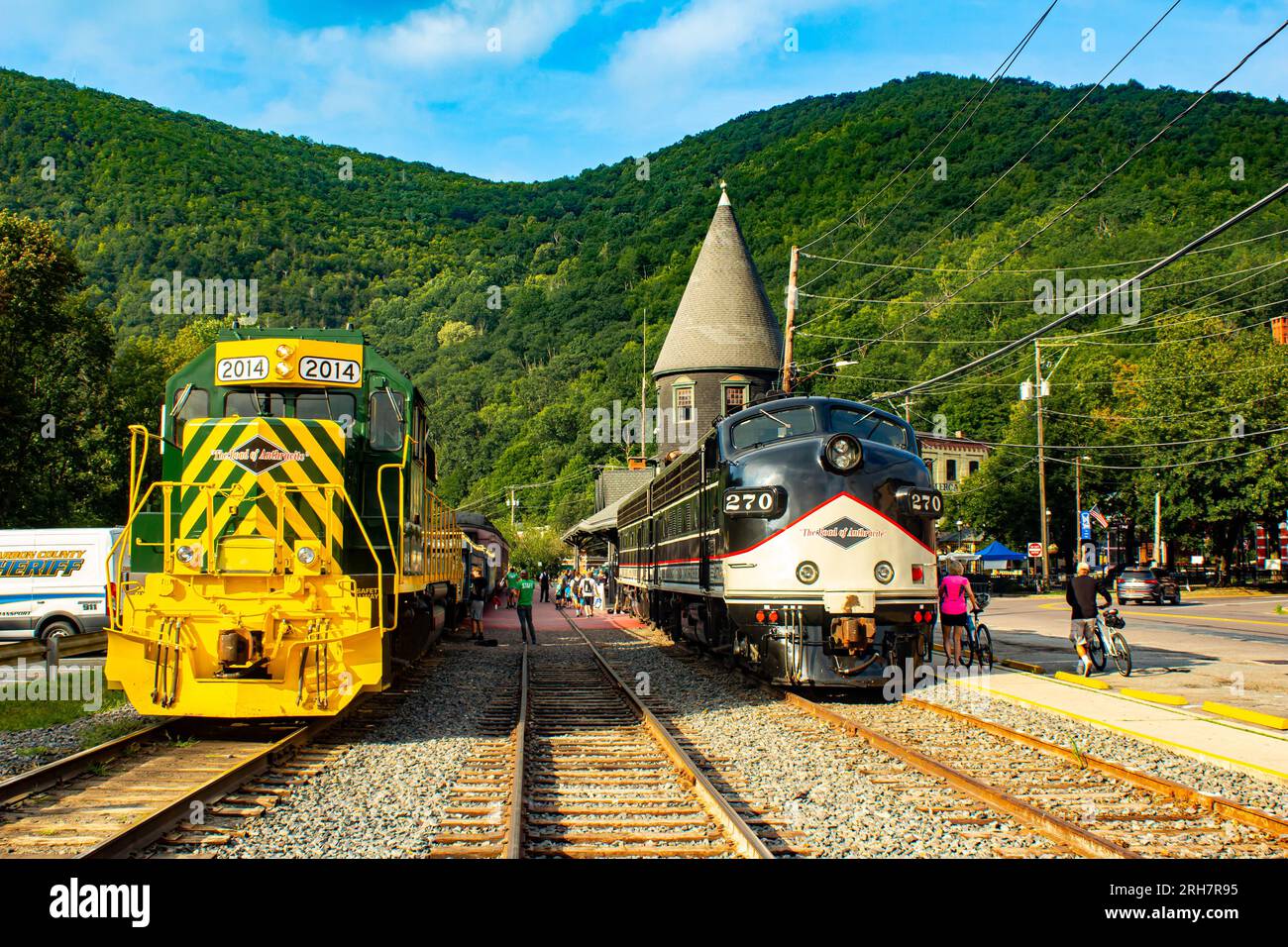 Jim Thorpe, PA - August 5, 2023 : Bike train on Pocono mountains, ready to ride with bikers Stock Photo