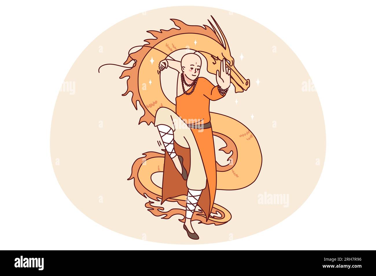 Tibetan monk with dragon painting in background. Asian man in