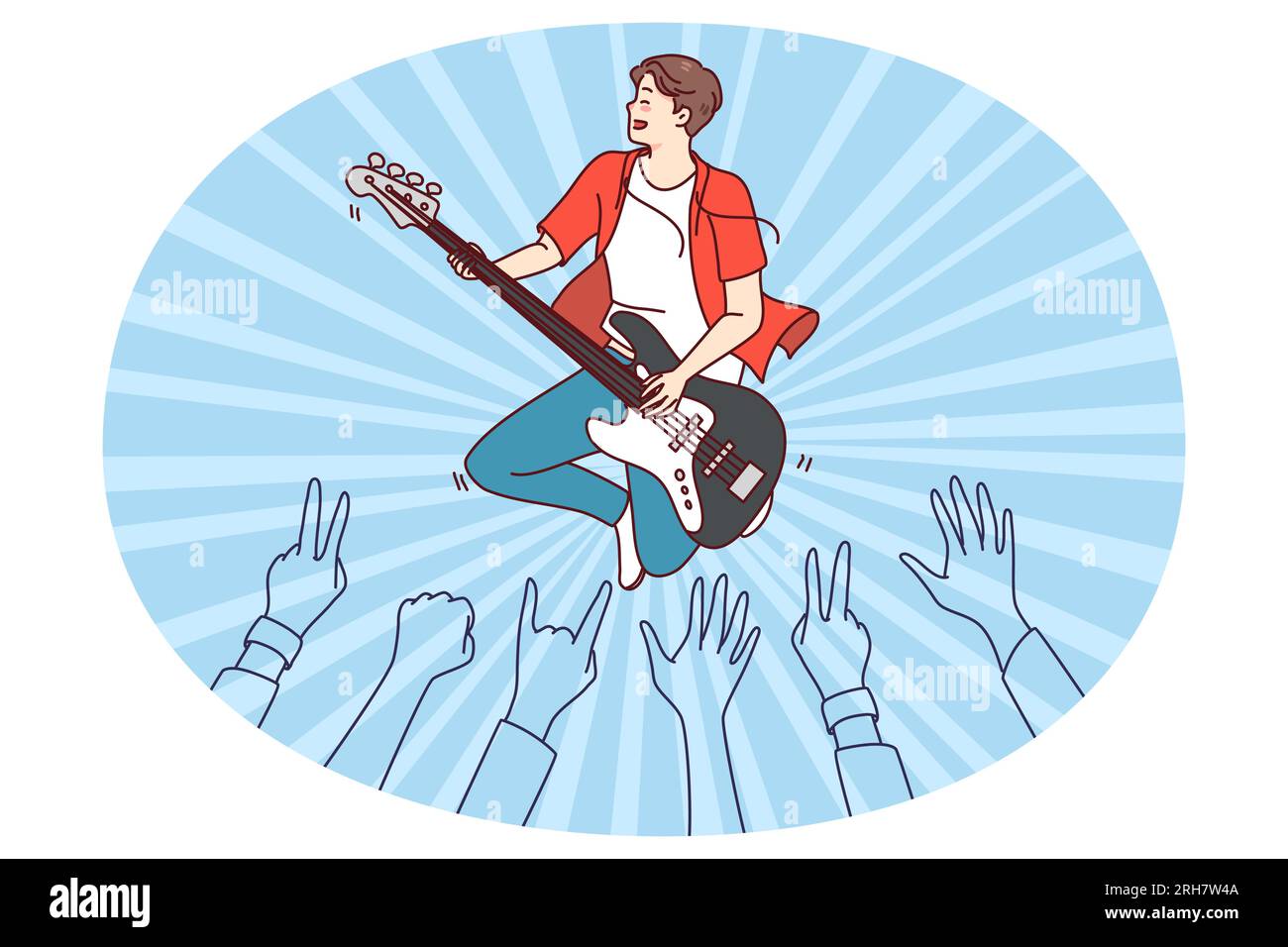 Crowd enjoying concert of male artist. Man performer playing guitar on stage for audience. Flat vector illustration. Stock Vector