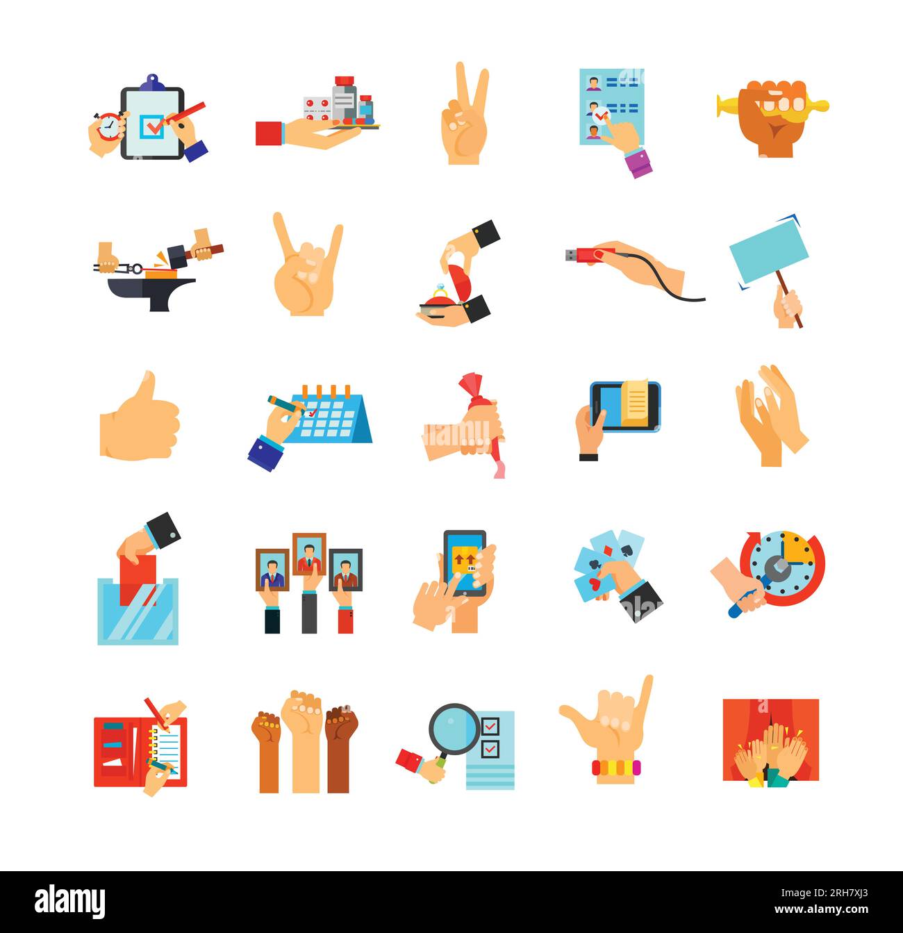 Hands holding different objects icon set Stock Vector