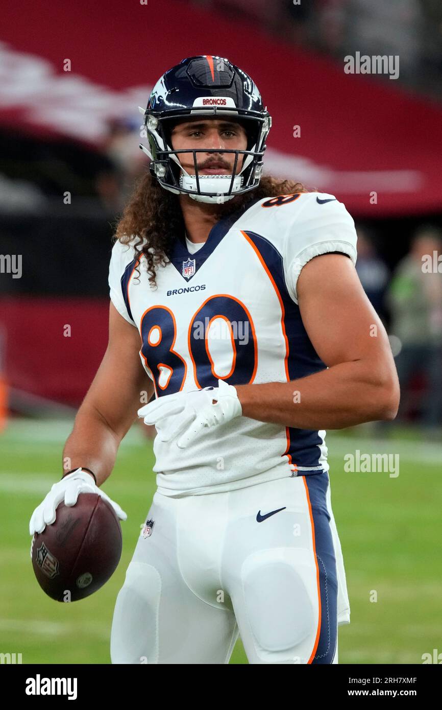 Denver Broncos tight end Greg Dulcich (80) warms up prior to an