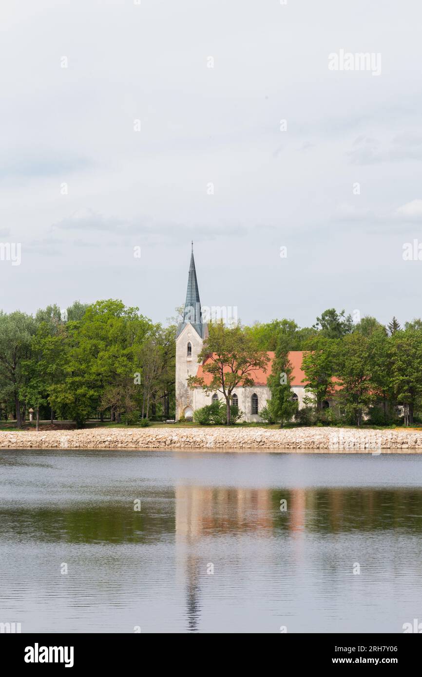 Koknese Evangelical Lutheran church on the bank of river Daugava. Stock Photo