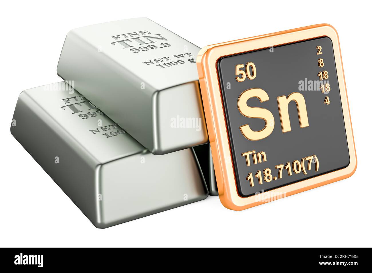 Tin ingots with chemical element icon Stannum Sn, 3D rendering isolated