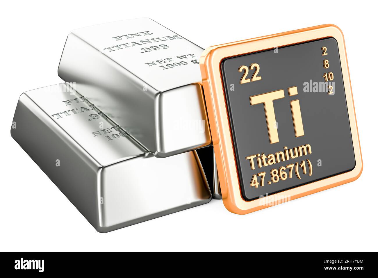 Titanium ingots with chemical element icon Titanium Ti, 3D rendering