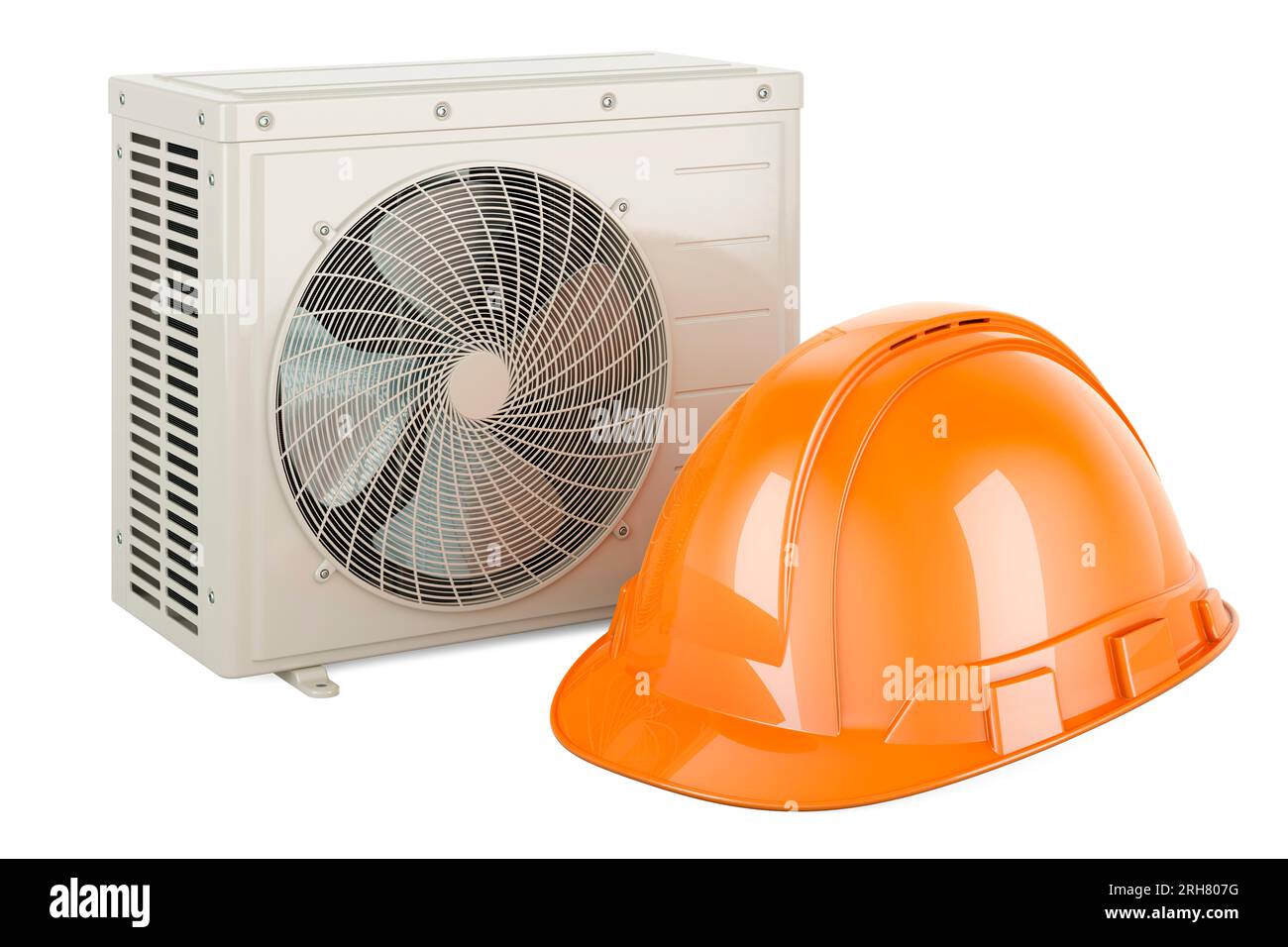 Air conditioner unit with orange hard hat. Repair and tech support of