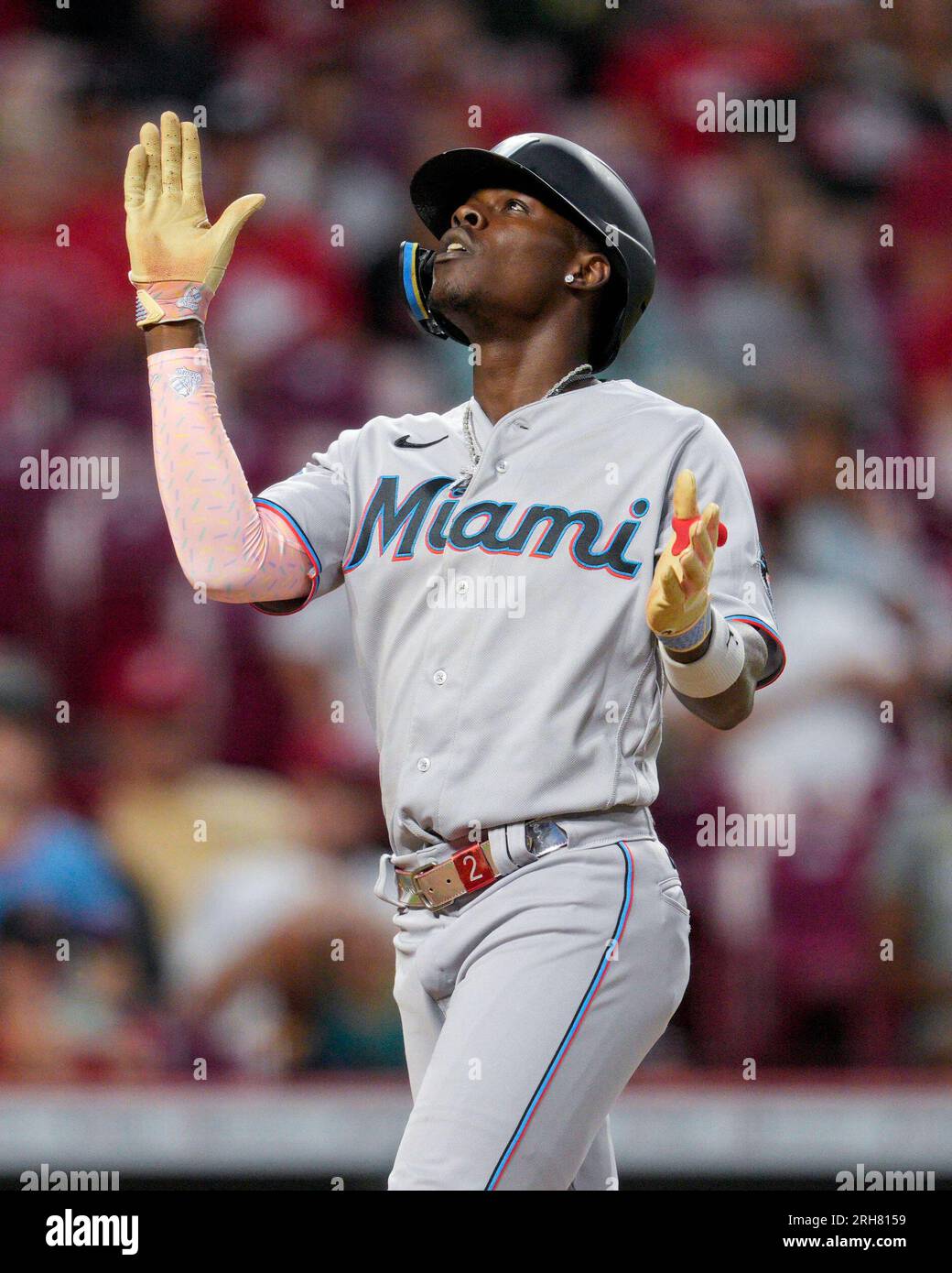 Miami Marlins' Jazz Chisholm Jr. (2) rounds the bases after