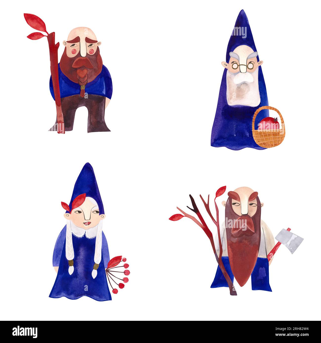 Set of watercolor gnomes in blue costumes. Autumn. Isolated ...