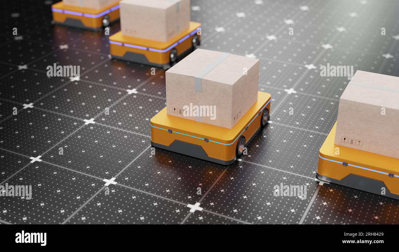 Technologies of the future 3D concept: automated AGV robots for a retail warehouse. AGV robots delivering cardboard boxes to a distribution logistics Stock Photo