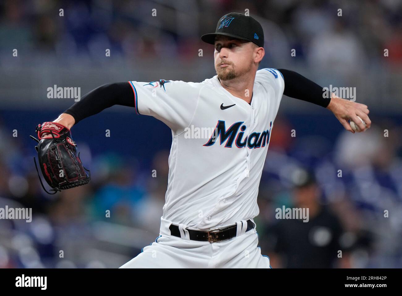 Miami Marlins' Braxton Garrett delivers a pitch during the first inning of  a baseball game against the Houston Astros, Monday, Aug. 14, 2023, in Miami.  (AP Photo/Wilfredo Lee Stock Photo - Alamy