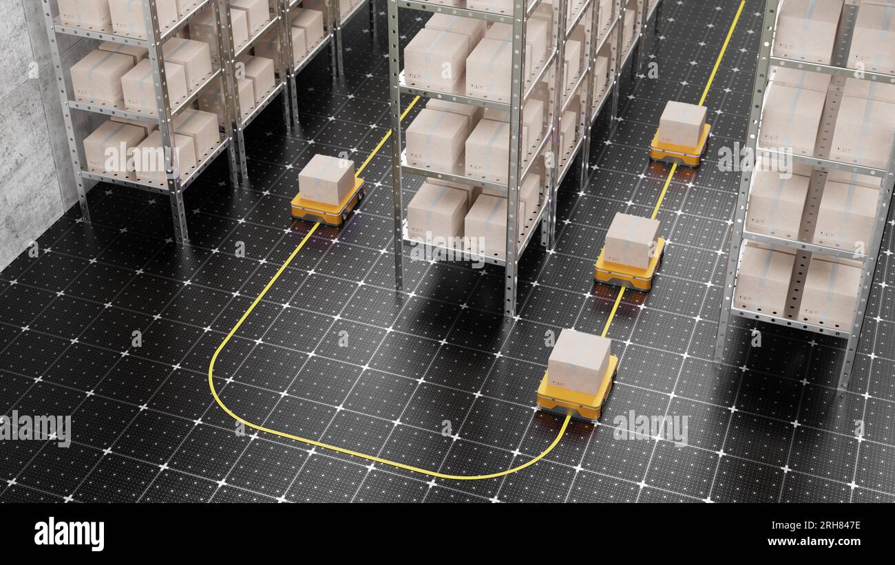 AGV robots delivering cardboard boxes to a logistics distribution